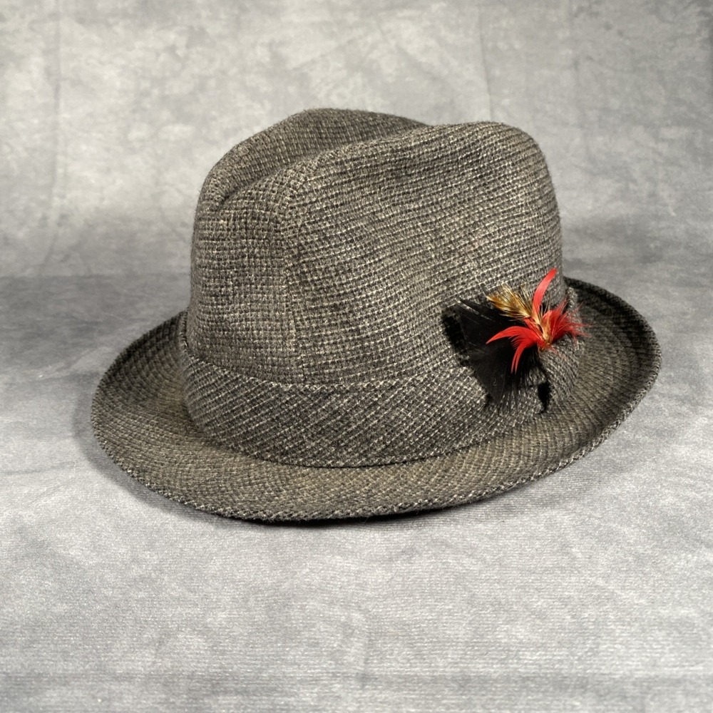 Biltmore Rideau Fedora Vintage Grey‎ Tweed Wool Feather Size 7 Made In Canada